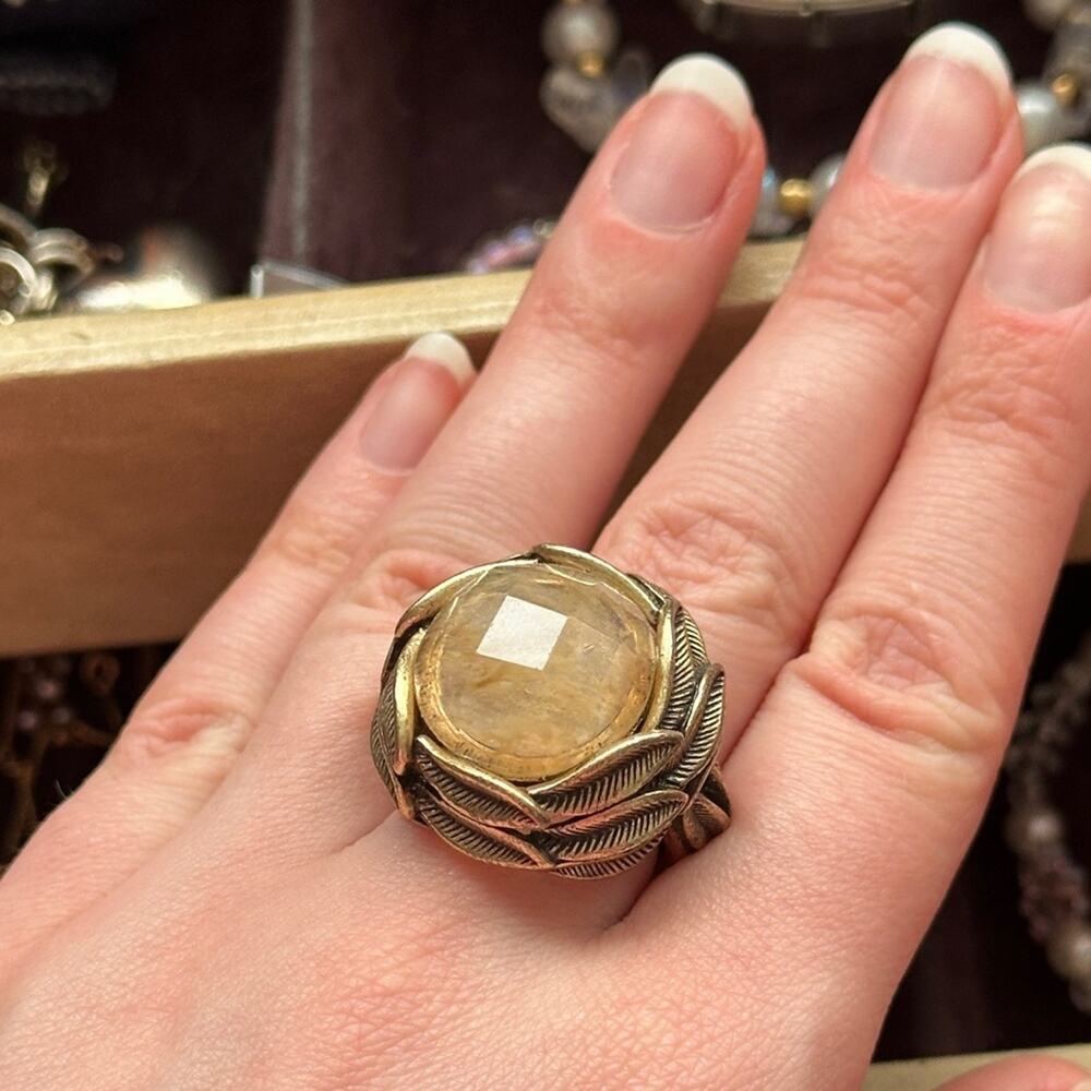 Vintage Bronze Rutilated Quartz Large Cocktail Ring Adjustable Band Gold Toned